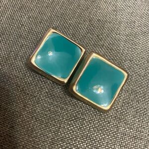 Elegant Gold tone and Teal Square Pierced Earrings